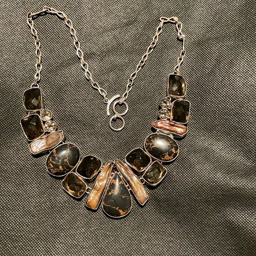 Beautiful Sterling Silver Glass, Stone and Pearl Necklace